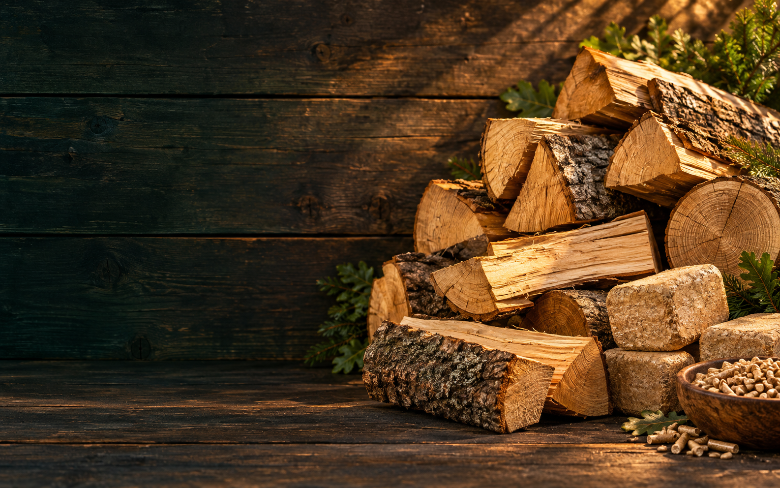 Bûches et briquettes sous lumière dorée
